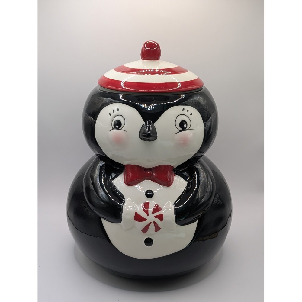 Johanna Parker Carnival Cottage PEPPERMINT PENGUIN‎ Ceramic Cookie Jar Canister